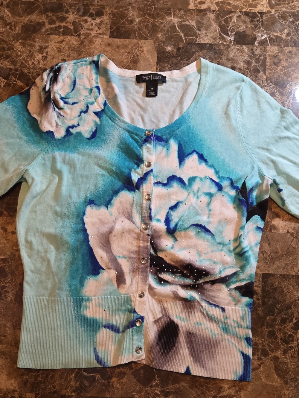 WHBM Watercolor Aqua Floral Print Cardigan Jeweled Front Snaps Size Medium